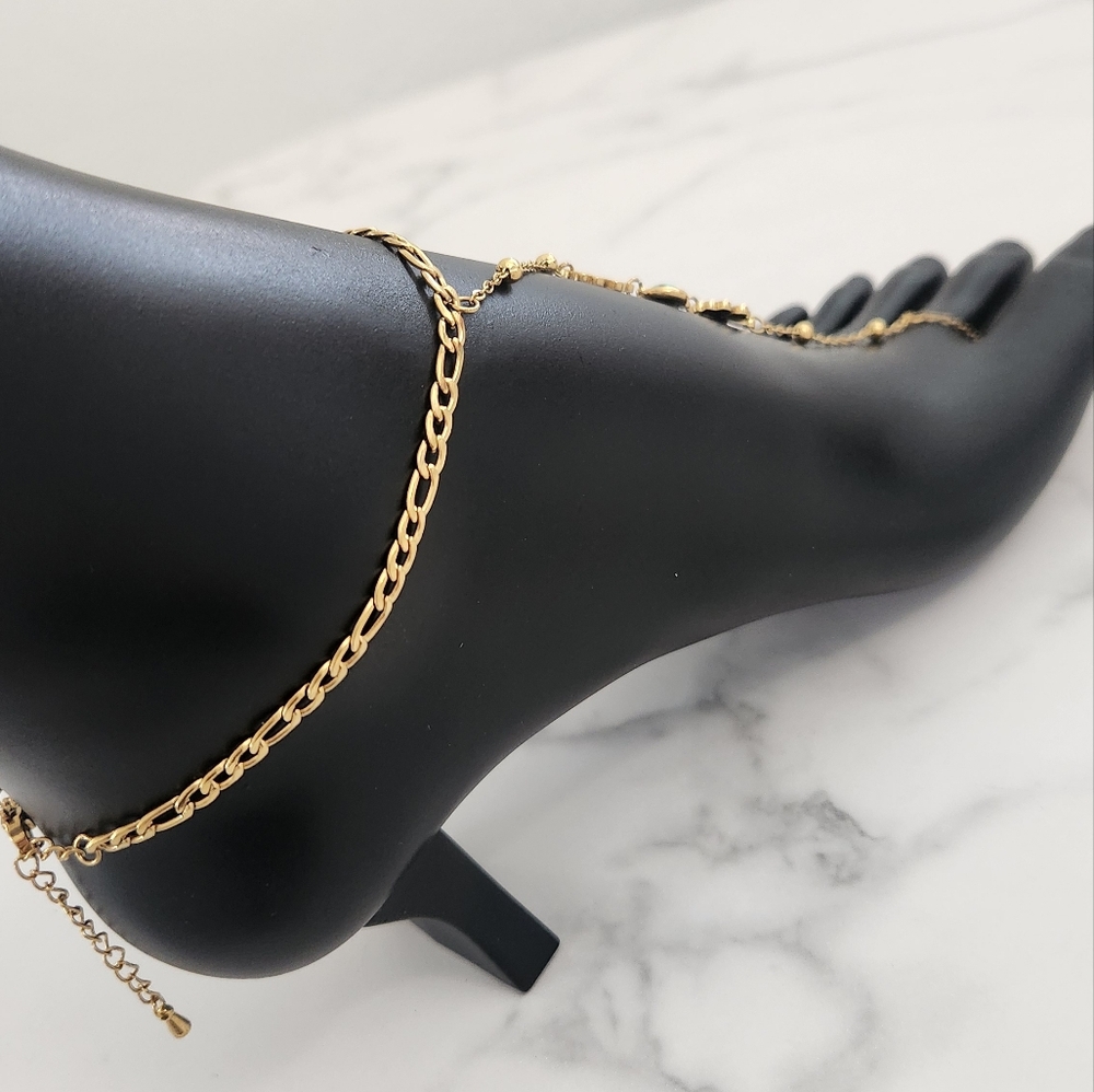 ​Y2K Gold Double Layer Foot Anklet Turquoise Clover Barefoot Chain Sandal - Picture 8 of 12